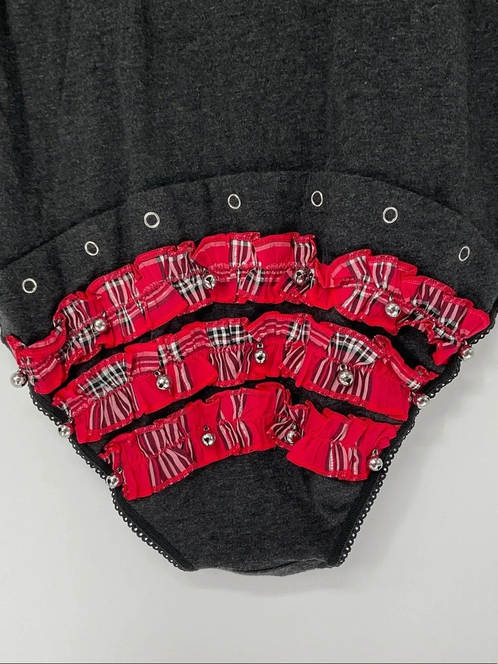 Victoria’s Secret Jingle Bell Teddy Bodysuit S Charcoal Red Plaid Ruffle Holiday